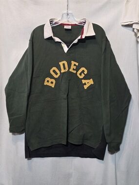 BODEGA Green And Black Rugby Pullover with Yellow Print Letters Size XL